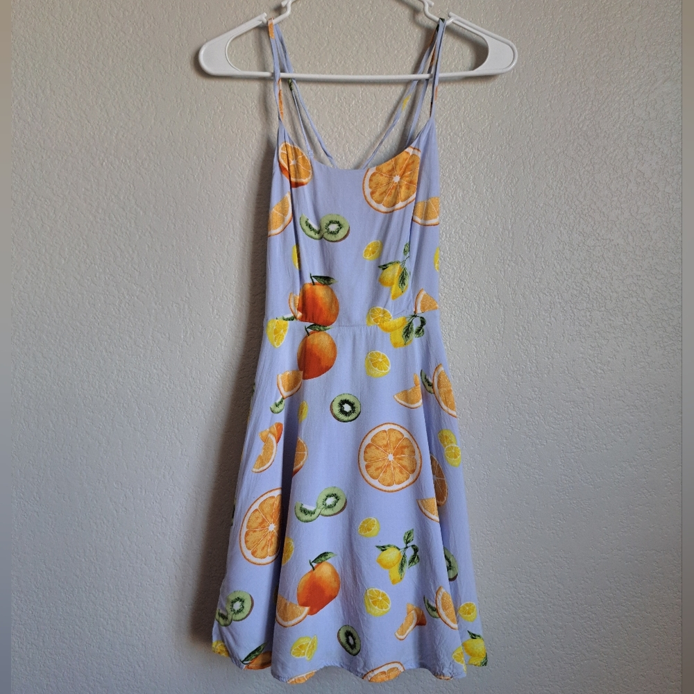 Forever 21 Blue Fruit Print Strappy Back Mini Sun Dress Size Small